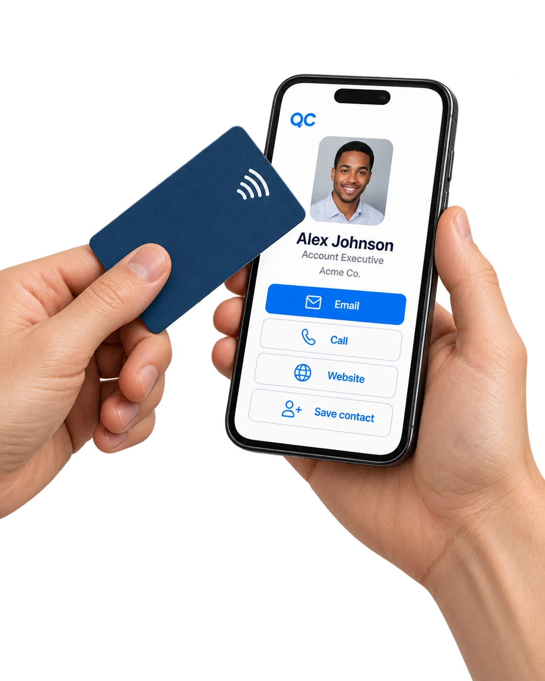 A person tapping a navy NFC card against a phone displaying Alex Johnson’s example contact profile